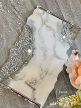 Load image into Gallery viewer, White &amp; Silver Marble Design -  Extra Large - Geode Tray - Resin, Silver leaf, Fireglass
