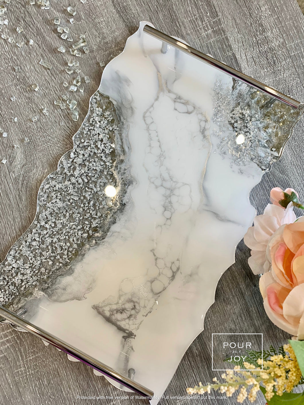 White & Silver Marble Design -  Extra Large - Geode Tray - Resin, Silver leaf, Fireglass