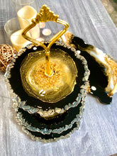 Load image into Gallery viewer, Marbleized Black, White &amp; Gold - Cake Stand - Resin, Gold Sparkle &amp; Fire Glass
