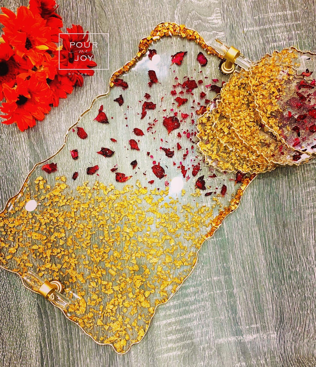 Dried Rose and Gold - Tray & Coaster Set - Resin & Gold Leaf