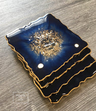 Load image into Gallery viewer, Deep Blue and Gold Coaster Set of 4 - Resin and Gold Sparkles
