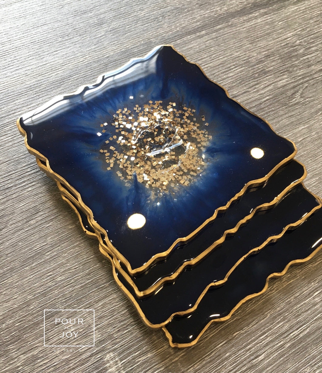 Deep Blue and Gold Coaster Set of 4 - Resin and Gold Sparkles