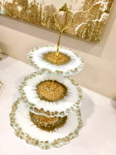 Load image into Gallery viewer, White &amp; Gold - Cake Stand - Resin, Gold Flakes &amp; Fire Glass
