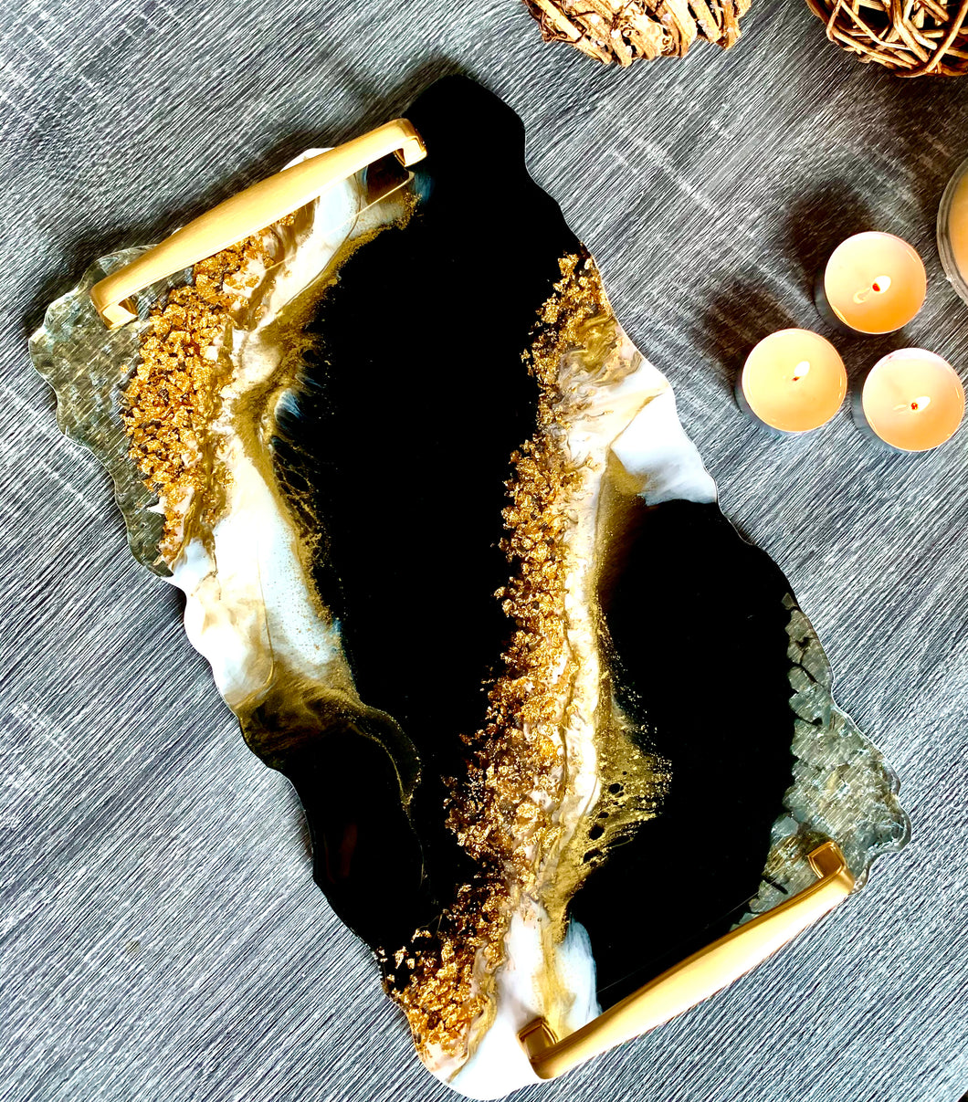 Marbleized Black, White and Gold - Tray - Resin, Gold leaf, Fireglass