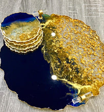 Load image into Gallery viewer, Deep Blue and Gold - Tray &amp; Coaster Set - Resin, Gold Leaf &amp; Mirrors
