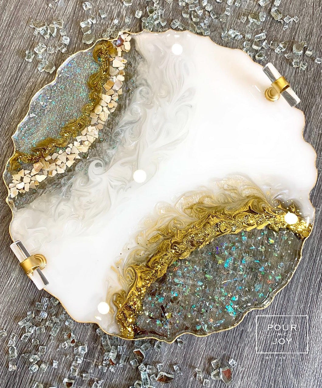 White, Gold and Opal Geode Tray - Resin, Sea Shells & Crystals