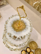 Load image into Gallery viewer, White &amp; Gold - Cake Stand - Resin, Gold Flakes &amp; Fire Glass
